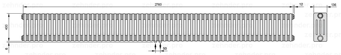 Схема (чертеж) Радиатор Zehnder Charleston 4040/60 №3470 Белый глянцевый RAL 9016